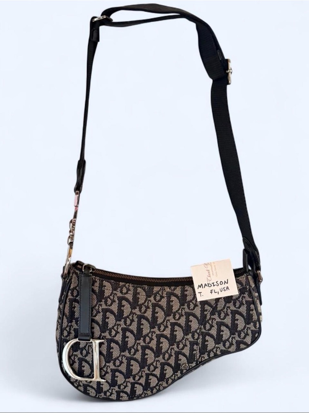 Dior Spell Out black oblique canvas trotter shoulder saddle bag Adjustable RARE